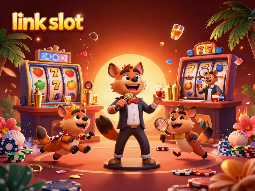 Experience the excitement of link slot games with animated hyenas in a vibrant casino atmosphere.