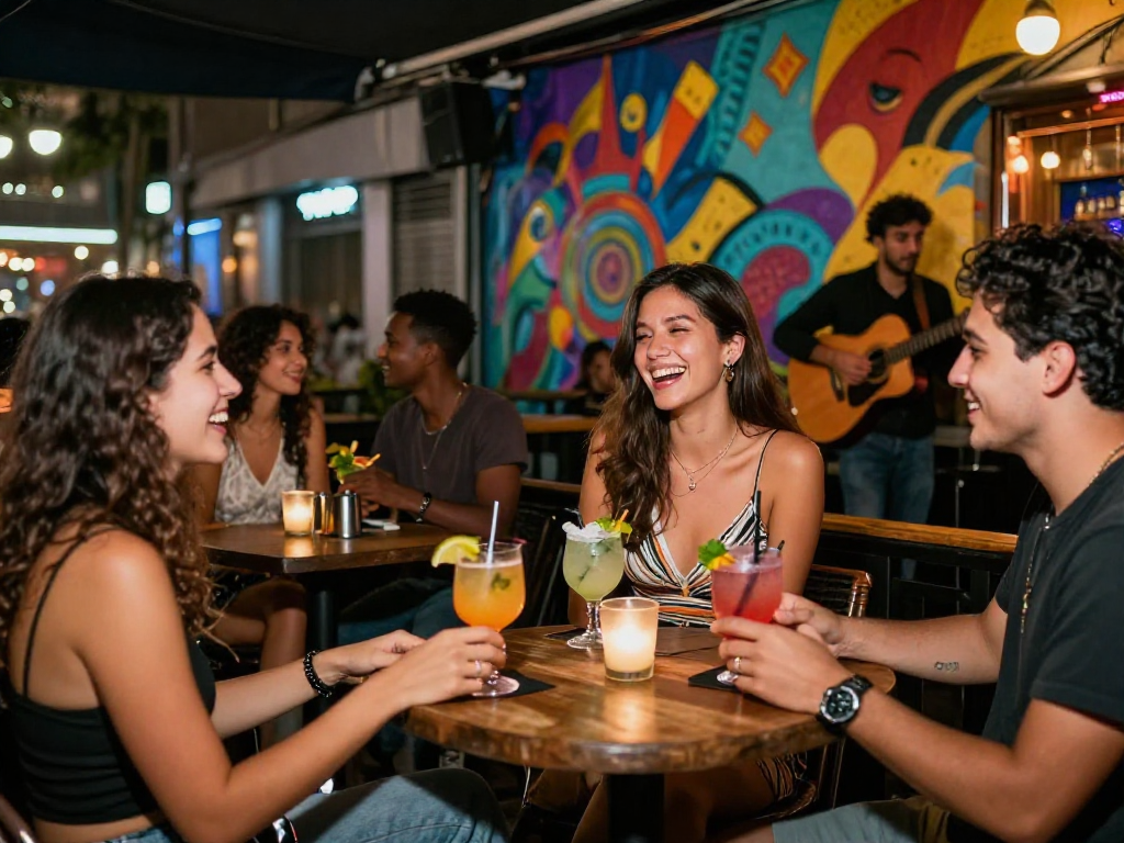 Nhóm bạn vui vẻ thưởng thức đồ uống và trò chuyện trong không khí sôi động của thành phố, thể hiện phong cách gái gọi.