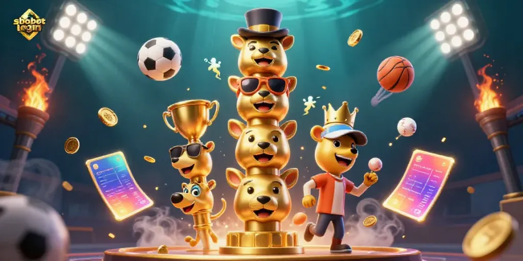 Experience sbobet login with an animated casino scene featuring dynamic sports elements and gold trophies.