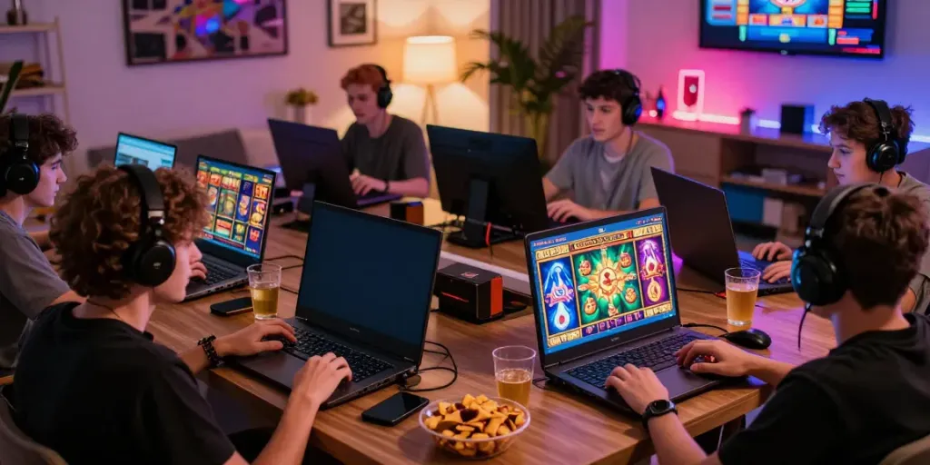 Engaged players enjoying a bro138 online gaming session in a modern living room.