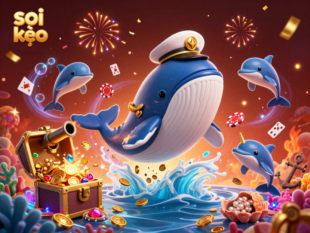 Bet on soi kèo with a vibrant underwater scene featuring a giant whale, poker chips, and treasure.