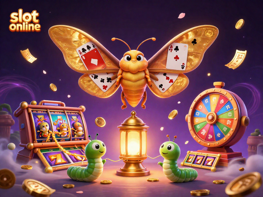 Menangkan slot online dengan ilustrasi ratu ngengat emas berlapis yang dikelilingi elemen kasino yang kaya.