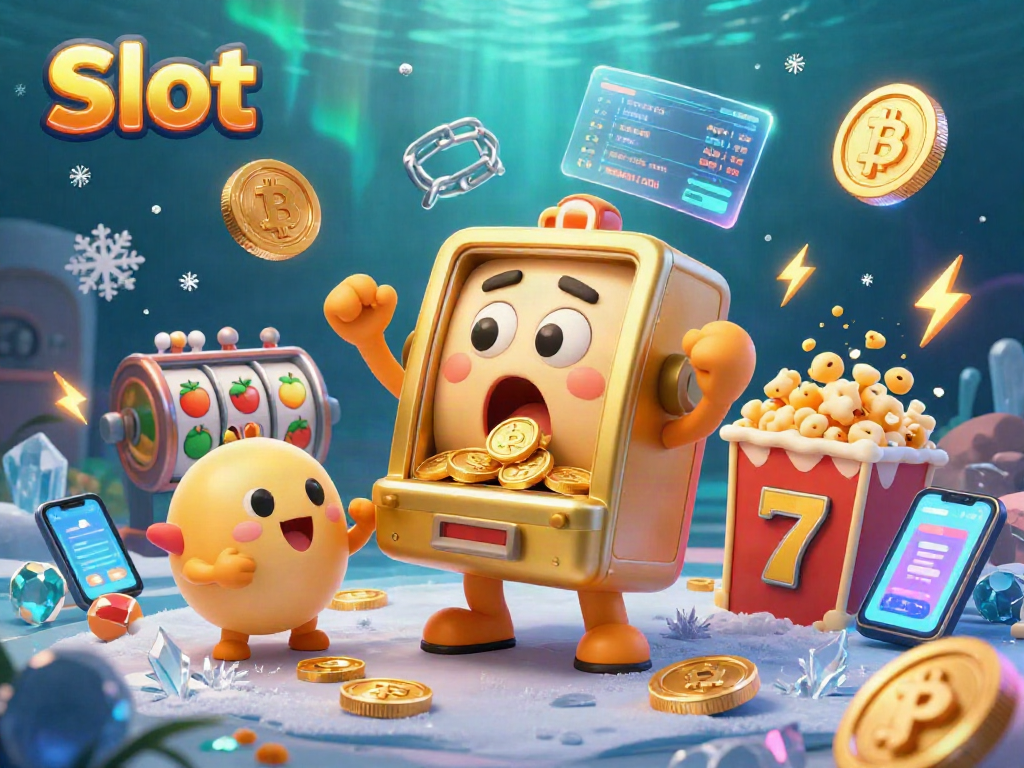 Slot machine celebrates its jackpot win while coins and crypto elements surround the scene.