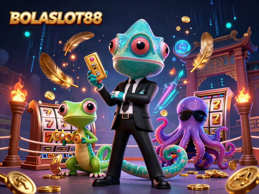 BOLASLOT88 showcases vibrant slot game action with a secret agent chameleon, tech-gecko, and villainous octopus.