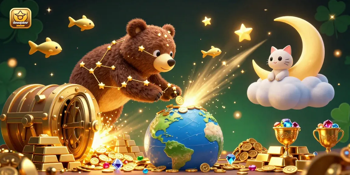 Dewapoker illustration showcasing a vibrant casino scene with a constellation bear, gold treasures, and charming characters.