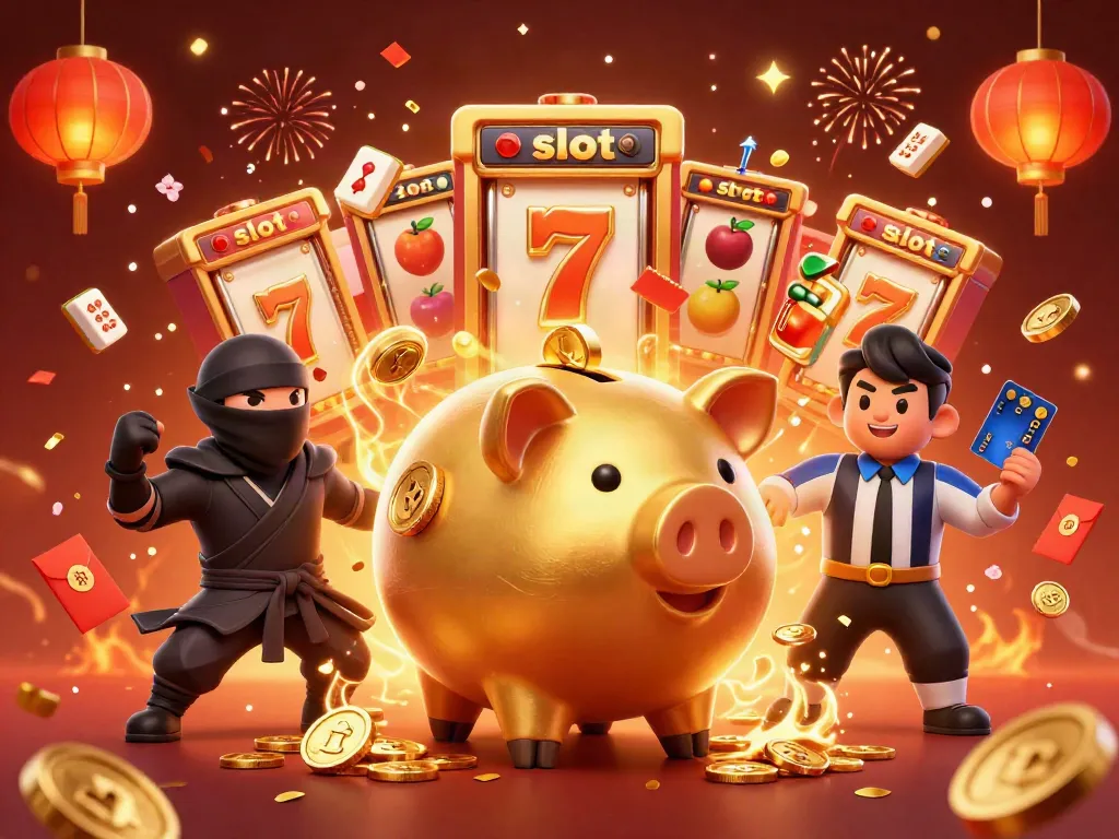 Experience thrilling slot action with a piggy bank warrior, wallet ninja, and credit card samurai in this vibrant illustration.
