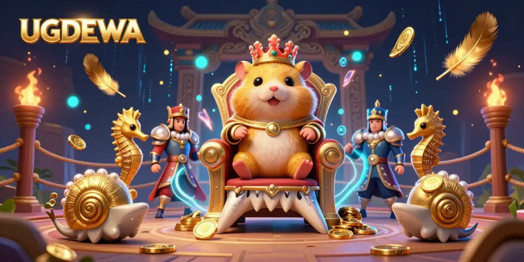 Engage in dynamic gambling excitement with UGDEWA's golden hamster king and seahorse guards in a vibrant casino scene.