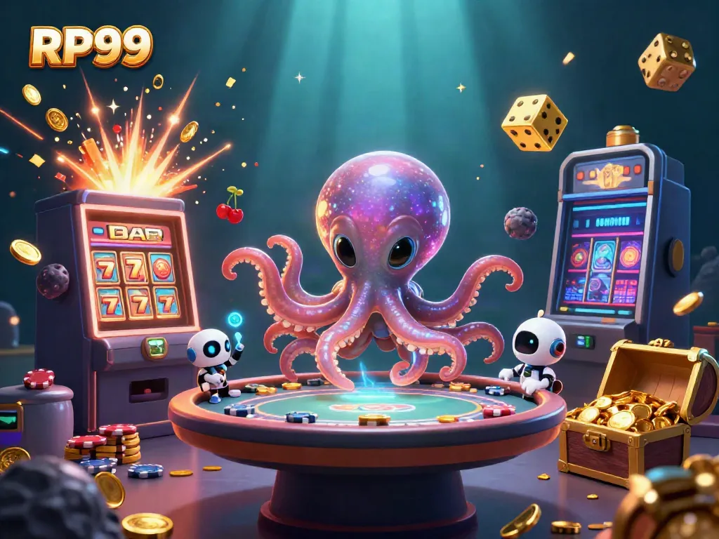 Engage in thrilling gameplay with RP99, featuring a cosmic octopus at a holographic poker table amidst a dazzling slot machine backdrop.