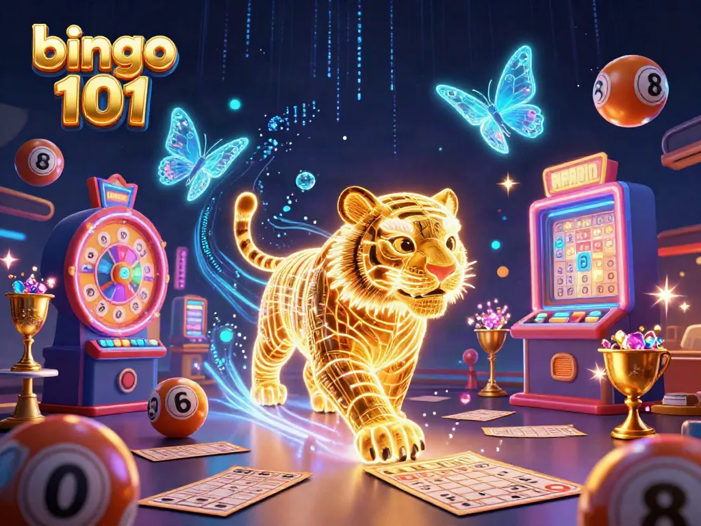 Gambarlah Bingo 101 dengan permainan bingo dan kartu, serta bola bingo berkilau.