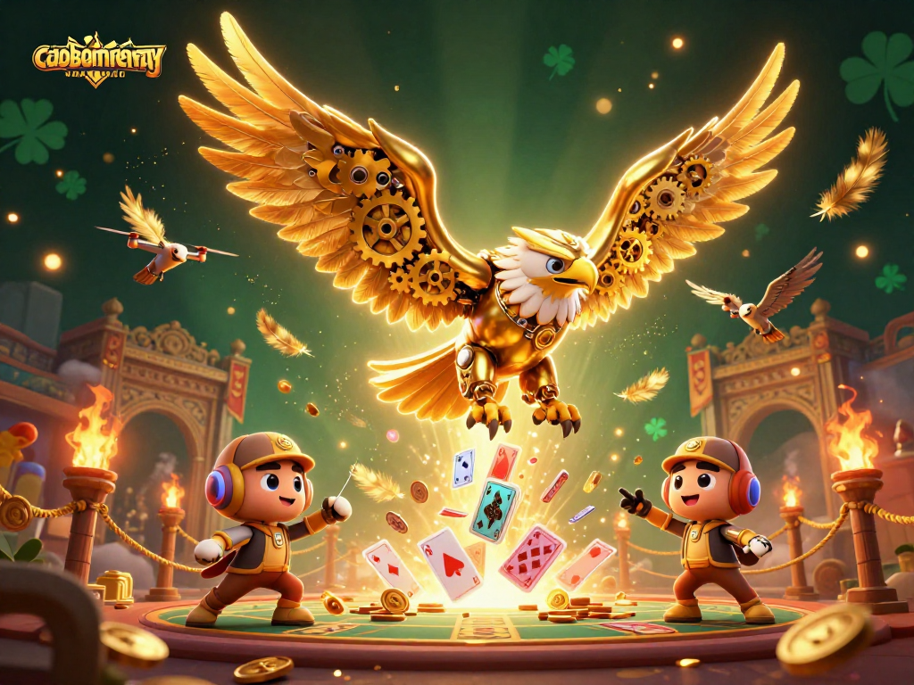 Engage with caoboimientay while diving through vibrant holographic cards alongside a cybernetic eagle.