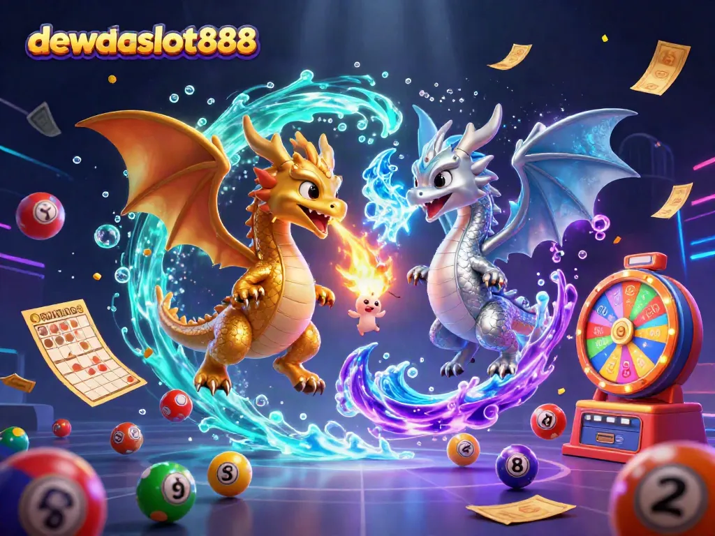 Menggambarkan pengalaman bermain di dewataslot888, dimana naga emas dan perak bersebelahan dengan permainan kartu serta bola lotere yang dinamis.