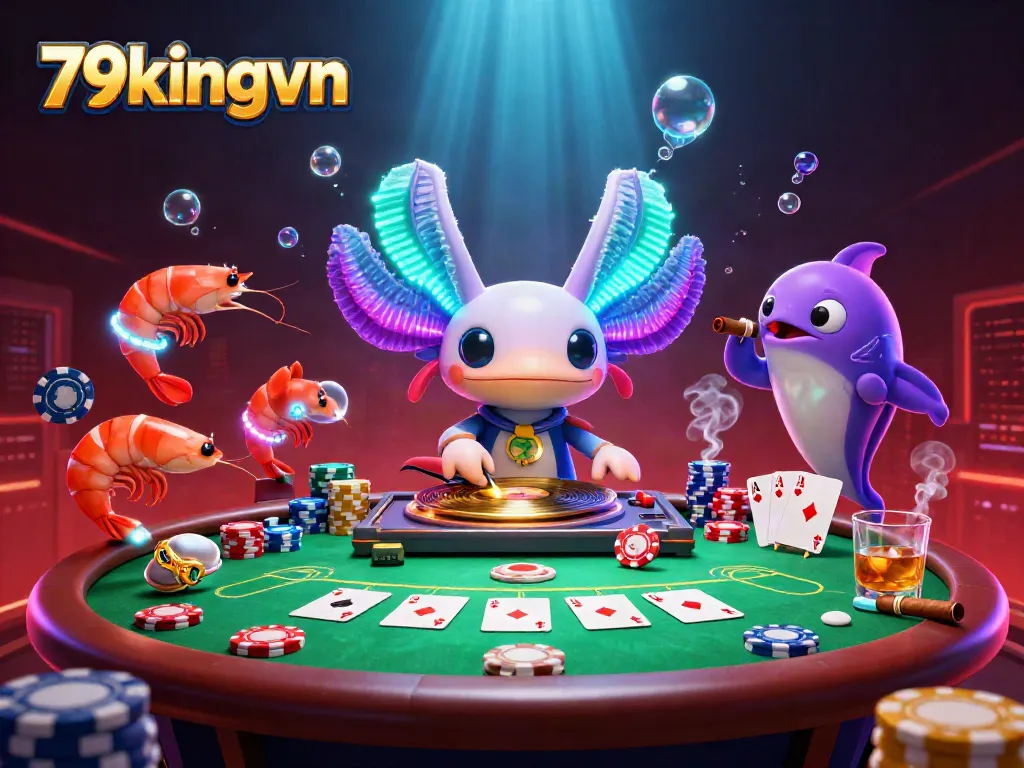 Engage with the vibrant underwater gaming scene at 79kingvn highlighting a neon DJ axolotl and poker action.