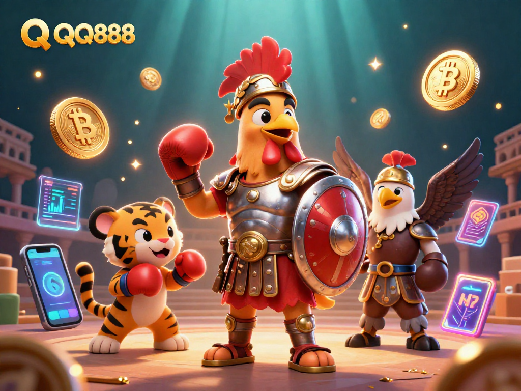 Engage with QQ888 as a gladiator rooster captivates in a dynamic casino scene.