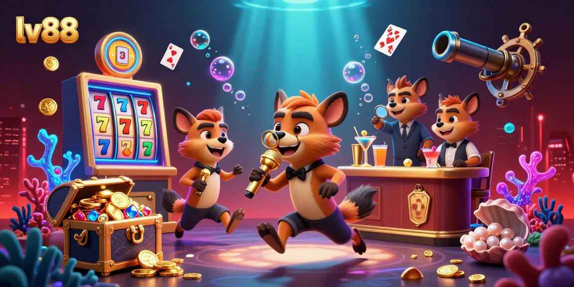Hyenas at a comedy casino club, featuring lv88 slot games and vibrant underwater elements.