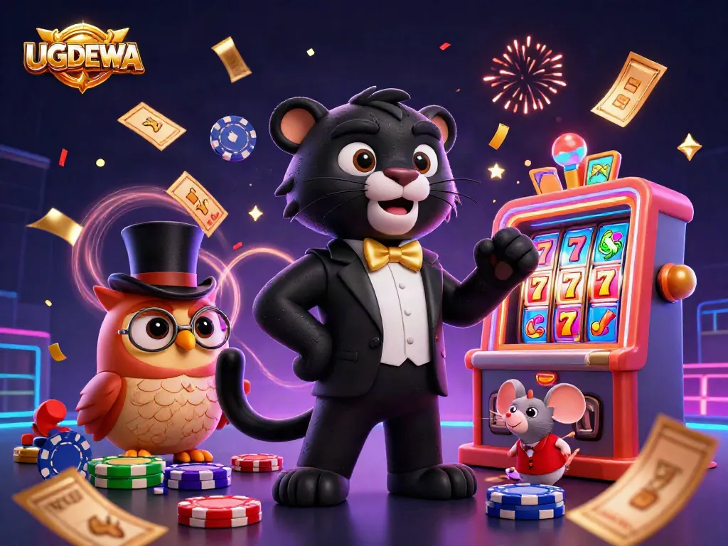 Engage with UGDEWA's colorful casino scene featuring themed characters, slot symbols, and festive elements.