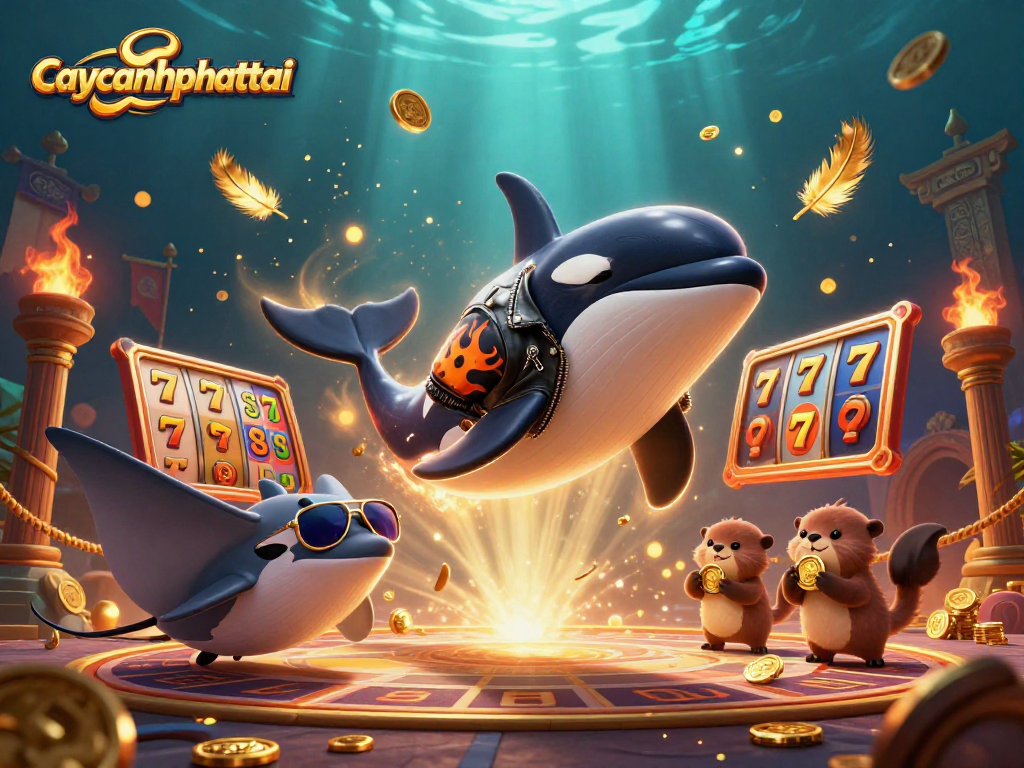 Spin the reels and win with caycanhphattai, featuring vibrant 3D sea creatures and gold coins.