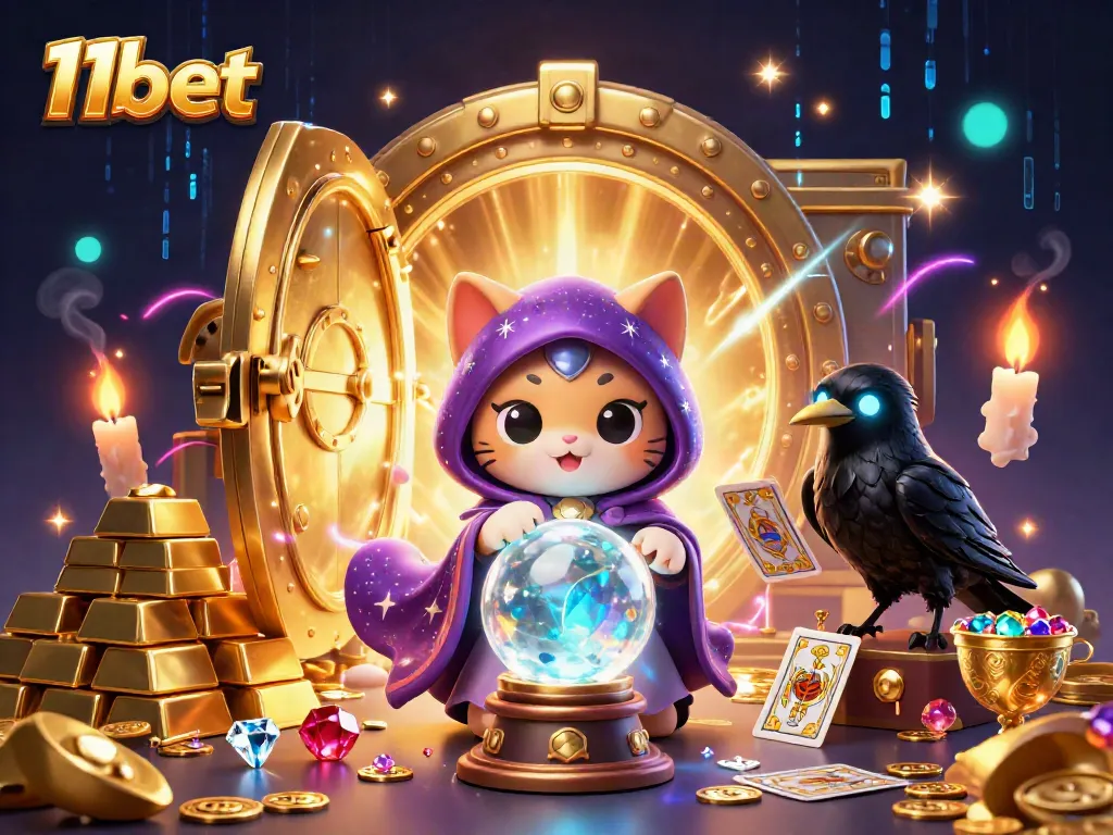 Experience thrilling moments at 11bet with vibrant games, treasures, and magical characters in a dynamic casino scene.