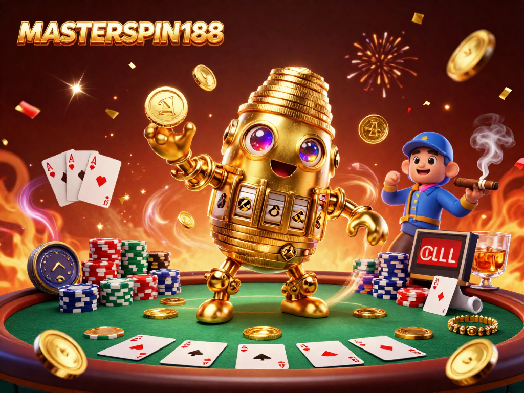 Create a winning strategy with MASTERSPIN188's vibrant casino illustration featuring dynamic poker elements and a golden golem.