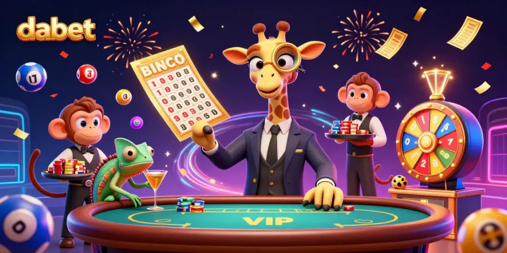 Experience vibrant gameplay at Dabet with a high-roller giraffe, monkey valet, and chameleon bartender amidst colorful casino elements.