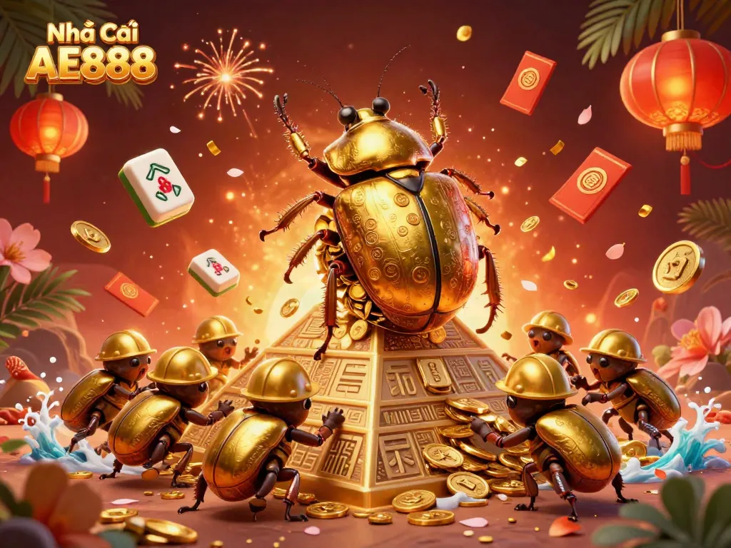 Experience the excitement of Nhà Cái AE888 with a golden dung beetle rolling coins in a vibrant casino scene.
