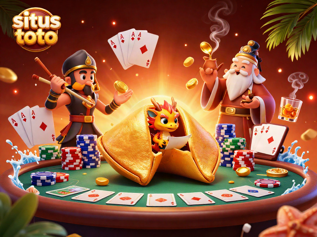 Engage in situs toto action with a vibrant casino illustration featuring poker elements and animated characters.