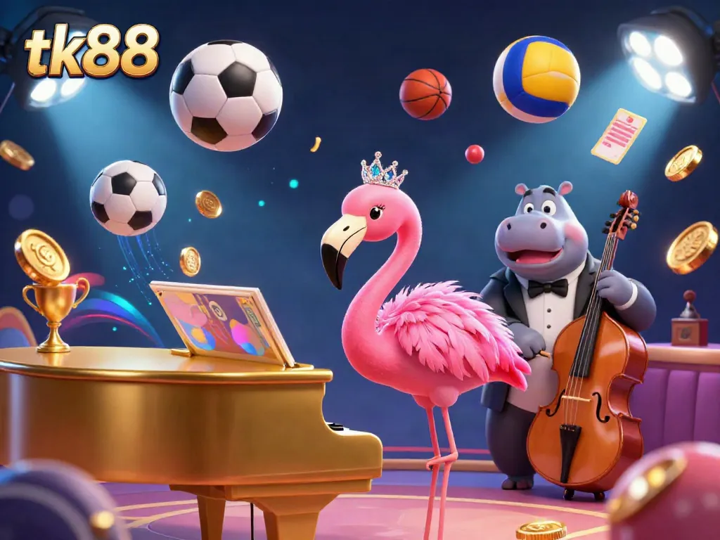 Experience thrilling gaming at tk88 with a vibrant casino scene featuring unique characters and sports gaming elements.