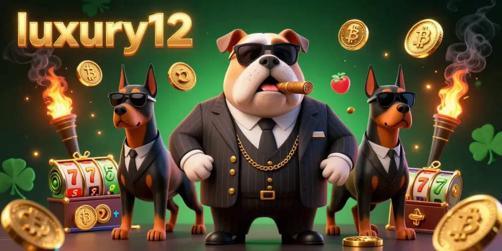 Engage in the action of luxury12 casino with a mafia bulldog and bodyguards surrounded by slot games.