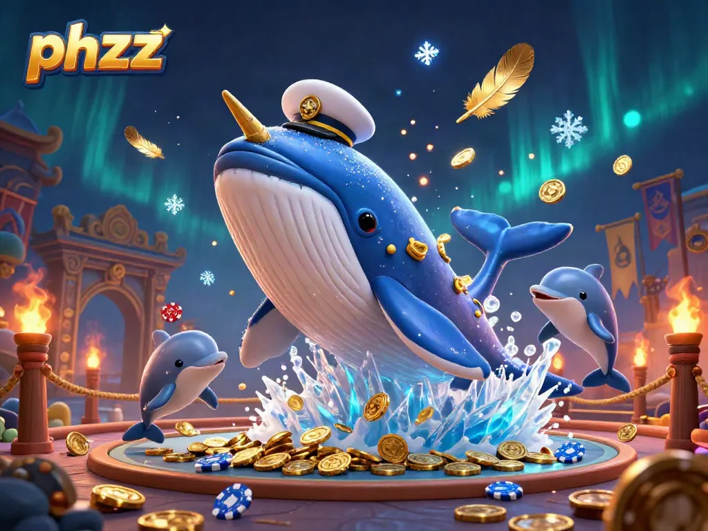Experience phzzz with a playful scene of a whale, narwhal, and dolphins surrounded by gold coins.