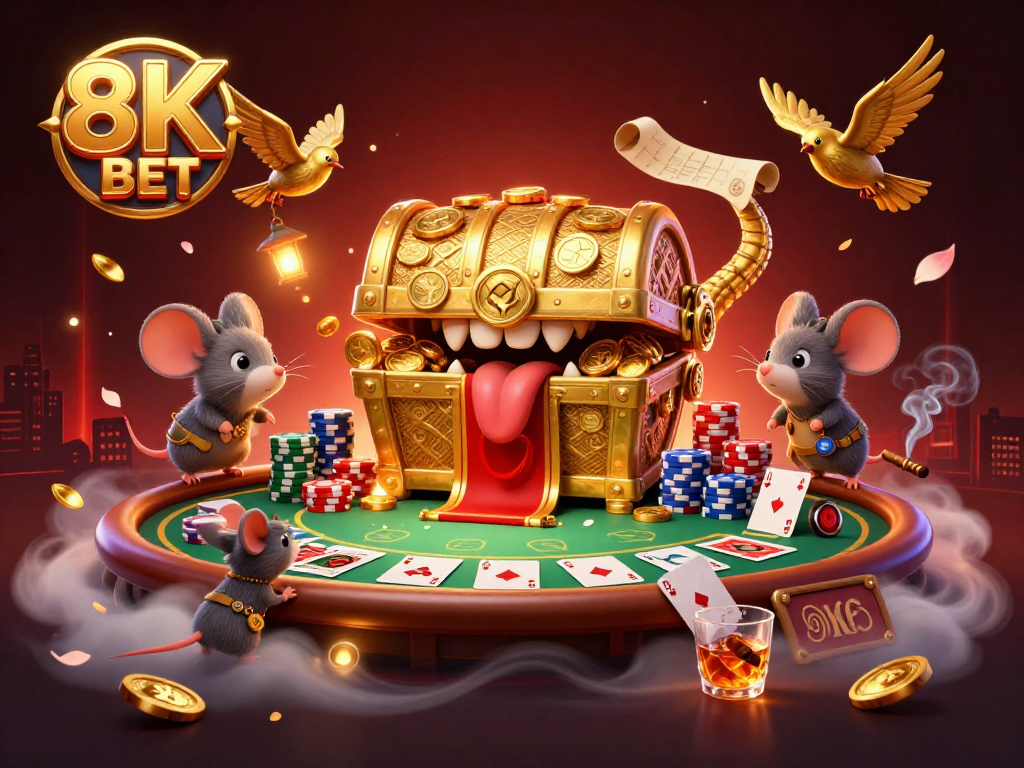 Experience the thrill of 8K BET with a 3D treasure chest attracting adventurer mice for online gaming!