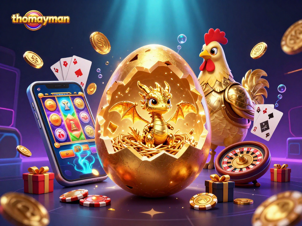 Spin to win with thomayman in this vibrant casino scene featuring a golden dragon and slot elements.