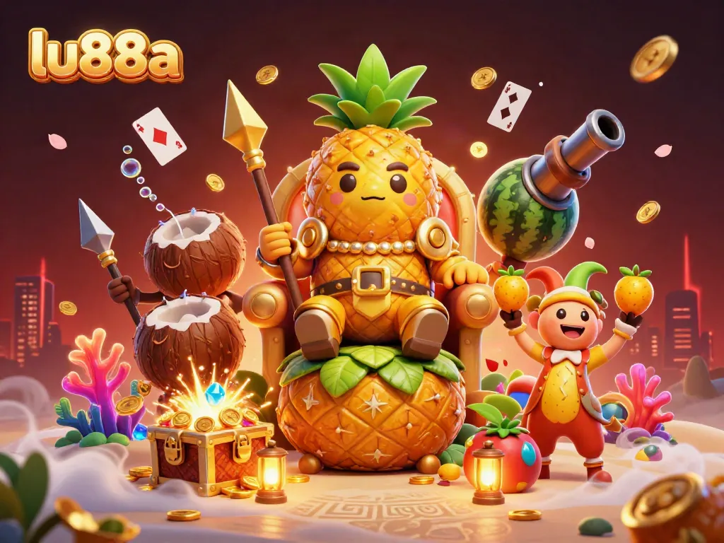 Experience the vibrant world of lu88a with a dynamic illustration of a pineapple king surrounded by game elements.