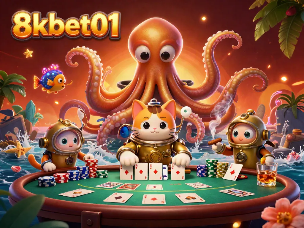 Experience thrilling gameplay with 8kbet01's kraken and vintage diving cat in a vibrant casino scene