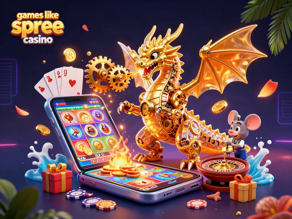 Play thrilling games like spree casino with a dragon and engineer in a vibrant 3D casino scene.