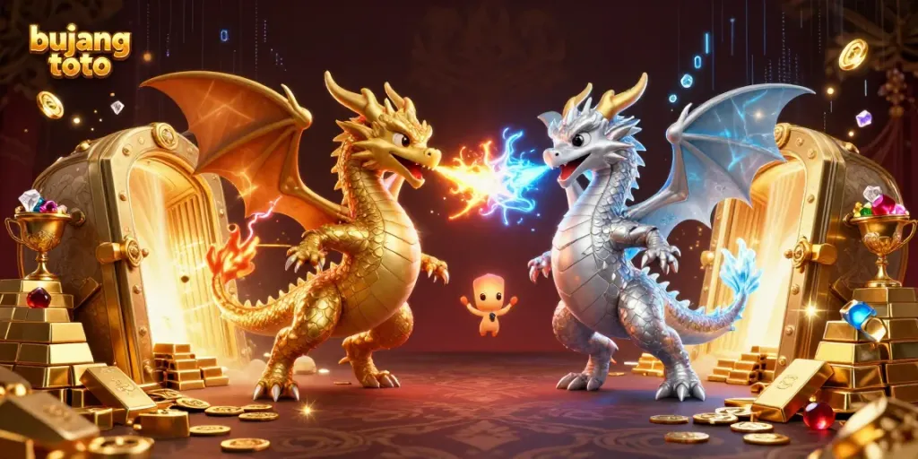 Experience thrilling moments with bujang toto, featuring gold and silver dragons in an enchanting casino scene.