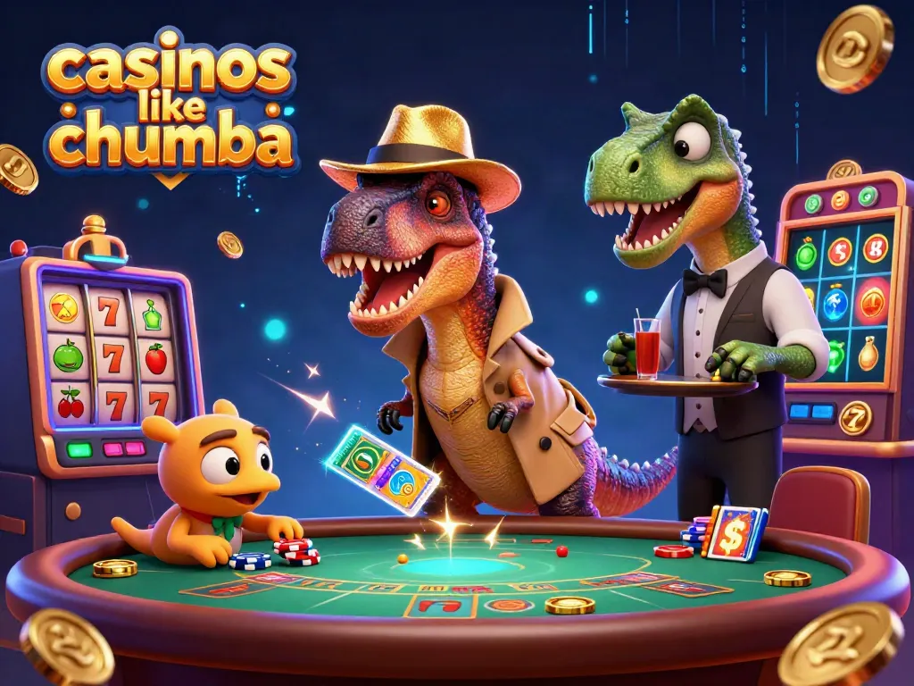 Play exciting games like casinos like Chumba, featuring a raptor and stegosaurus in a vibrant 3D scene.