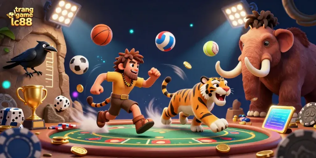 Experience adventure at trang game lc88 with a lively prehistoric casino scene featuring a caveman, sabertooth tiger, and flying sports elements.