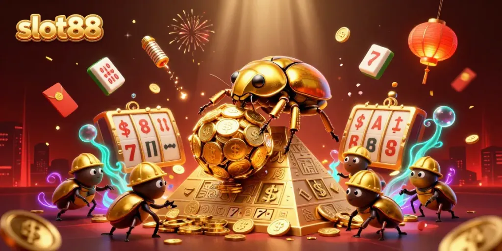 Slot88 menampilkan karakter keong emas raksasa bermain slot dalam suasana kasino yang meriah.