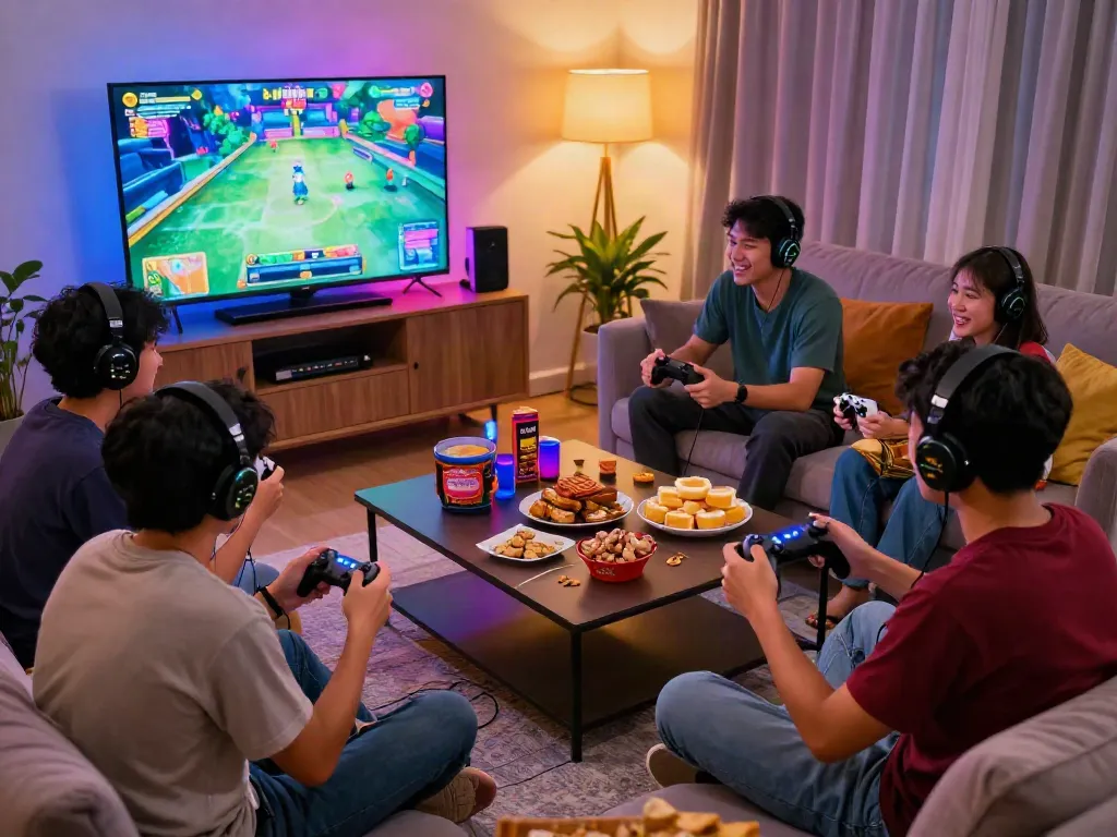 Nyonya 4D gaming scene with friends enjoying traditional treats and vibrant graphics