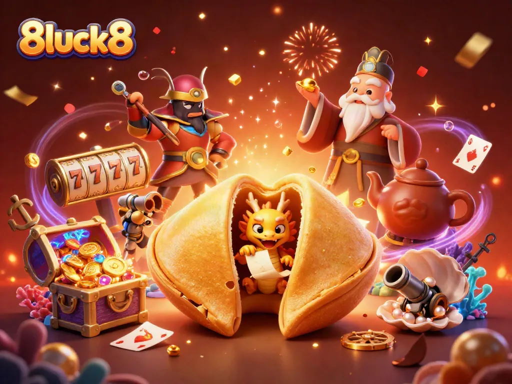 Engage with 8luck8's thrilling slot game action, featuring a golden fortune cookie and whimsical characters.