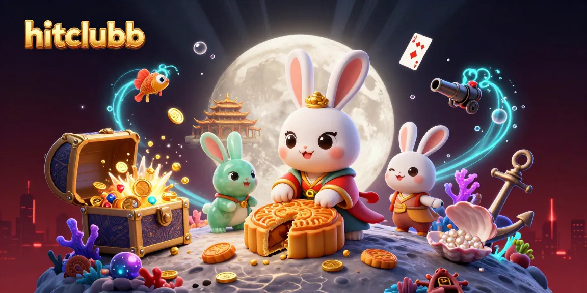 Hitclubb showcases an engaging 3D cartoon scene of a moon rabbit symbolically combining gambling elements with festive elements.