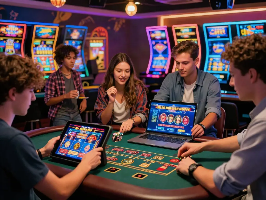 Verde Casino Spielszene mit jungen Erwachsenen, die Spielautomaten und Live-Dealer-Spiele genießen