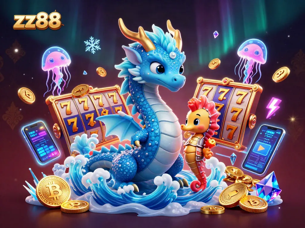Experience the excitement of zx88 slots with vibrant dragon and seahorse characters in a rich casino scene.