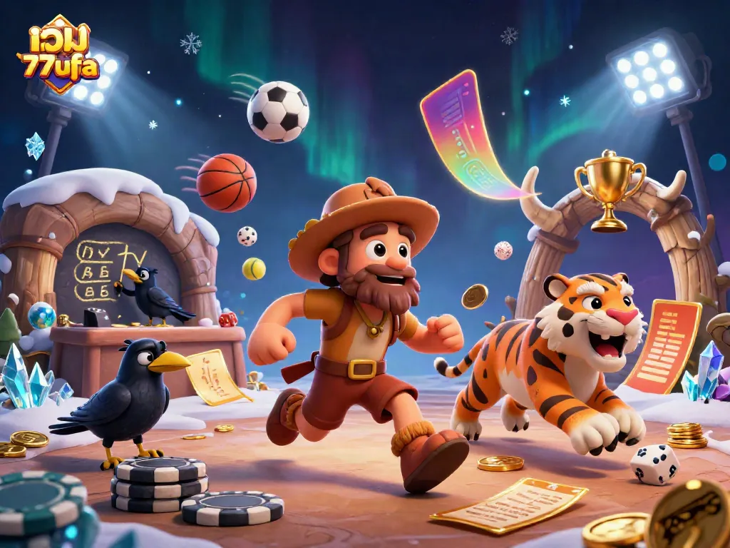 Experience the thrilling action at เว็บ 77ufa with 3D caveman and sabertooth tiger duo in a vibrant casino scene.
