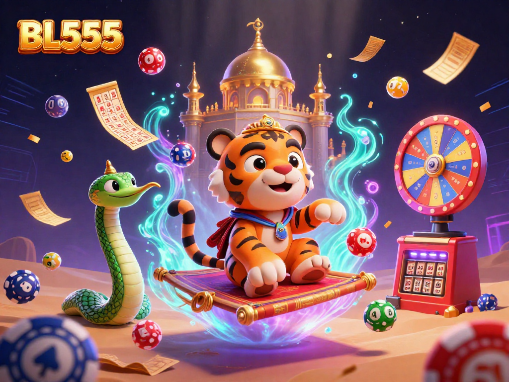 Experience the excitement of gambling with BL555 in a vibrant 3D casino scene featuring dynamic characters and elements.
