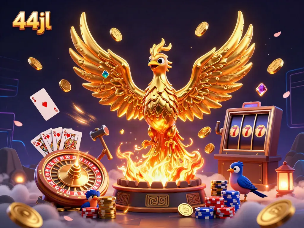 Experience thrilling gameplay with the golden phoenix at 44jl casino, surrounded by coins and cards.