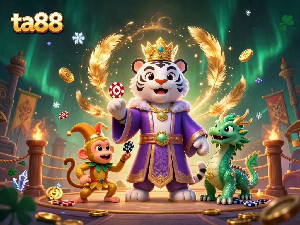 Experience the excitement of ta88 with a vibrant casino scene featuring a royal tiger and playful monkey.