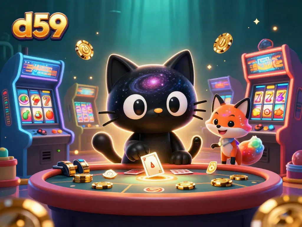 Engage with d59's slot games through a cosmic cartoon scene featuring a black hole cat and nebula fox.