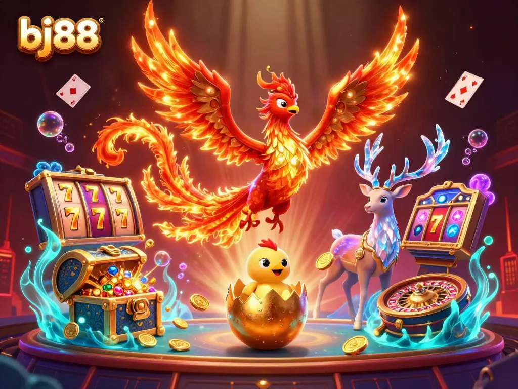Bet on thrilling games like slots and card games at bj88 with mesmerizing phoenix illustration.