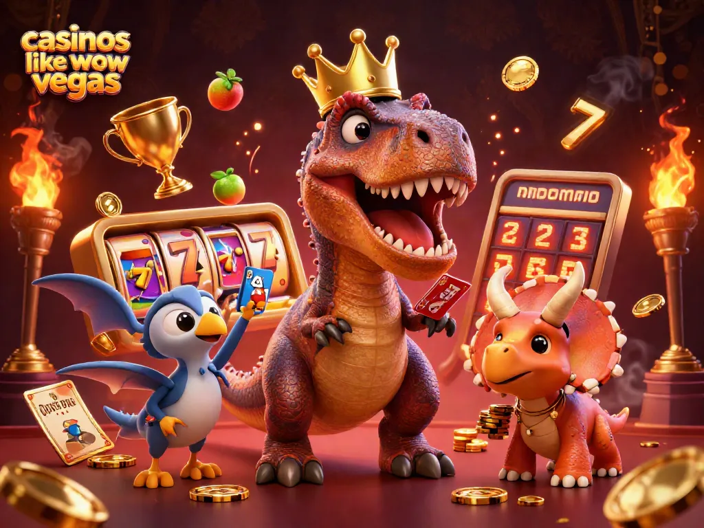 Play with casinos like WOW Vegas featuring vibrant characters and golden gambling elements.