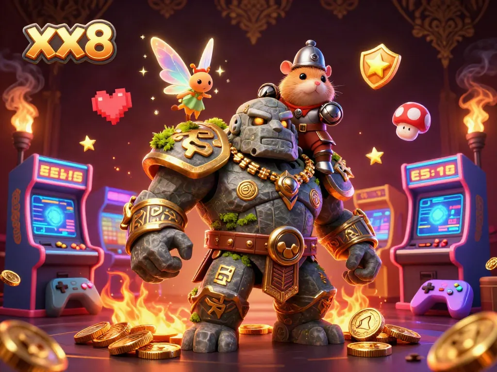Experience thrilling gameplay at xx8 with the enchanted golem guardian and magical gaming arcade elements.